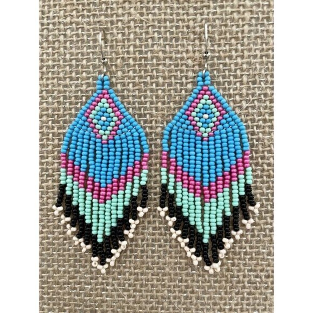 Handmade Miyuki Seed Bead Fringe Dangling Earrings Desert In Blue Sky NWT